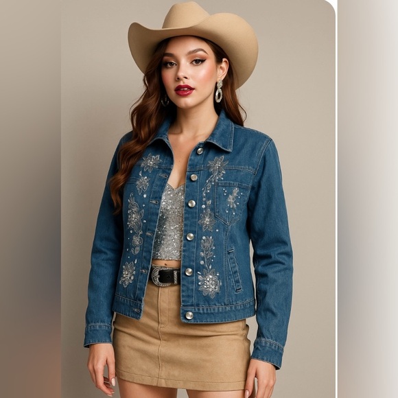 ALIA Embellished Denim Jacket with Rhinestones – Size 12 - Picture 2 of 9